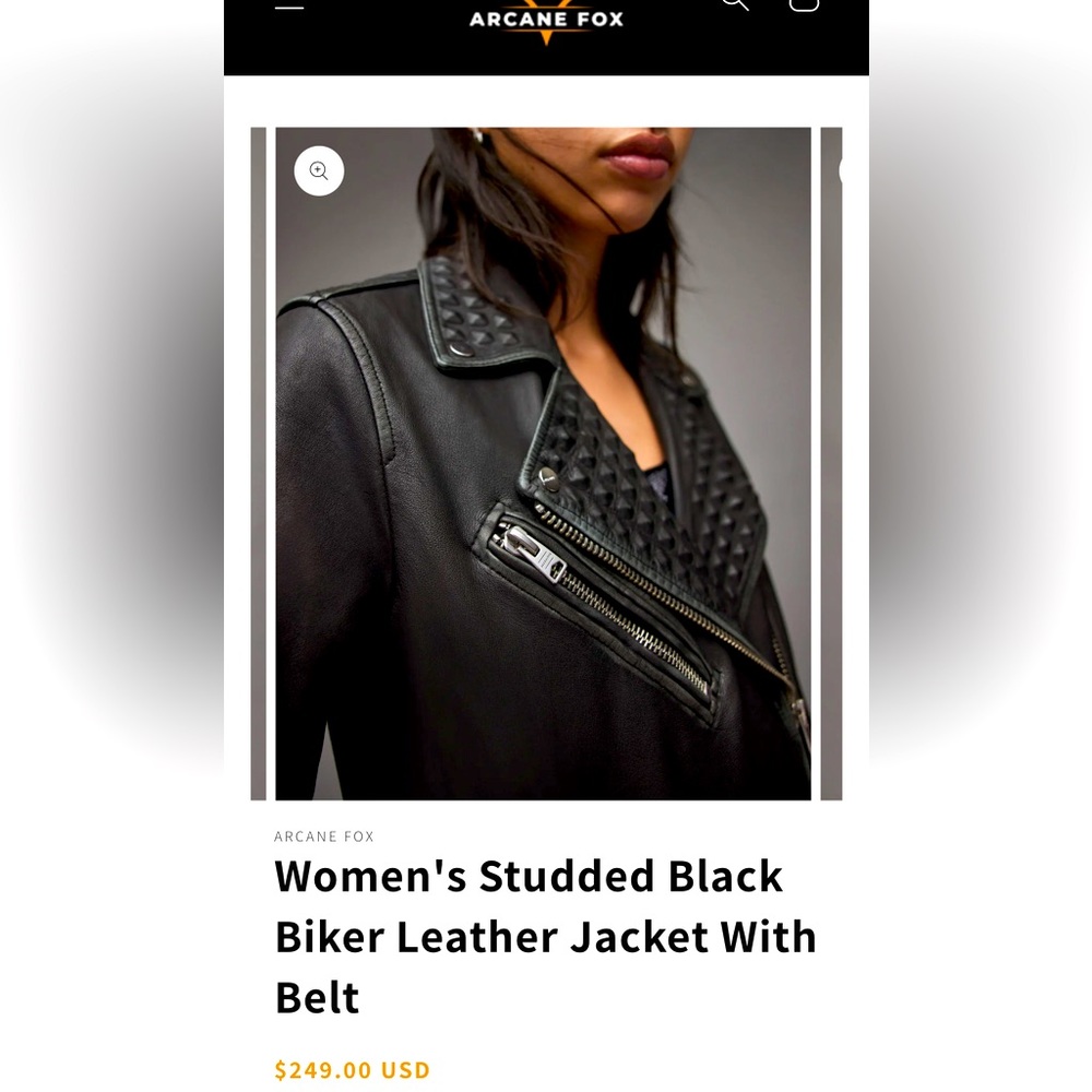 Studded Black Biker Leather Jacket with Belt, women’s Medium